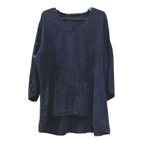 Compliments Women’s Chambray Pullover Embroidered Tunic Top Size XL Blue